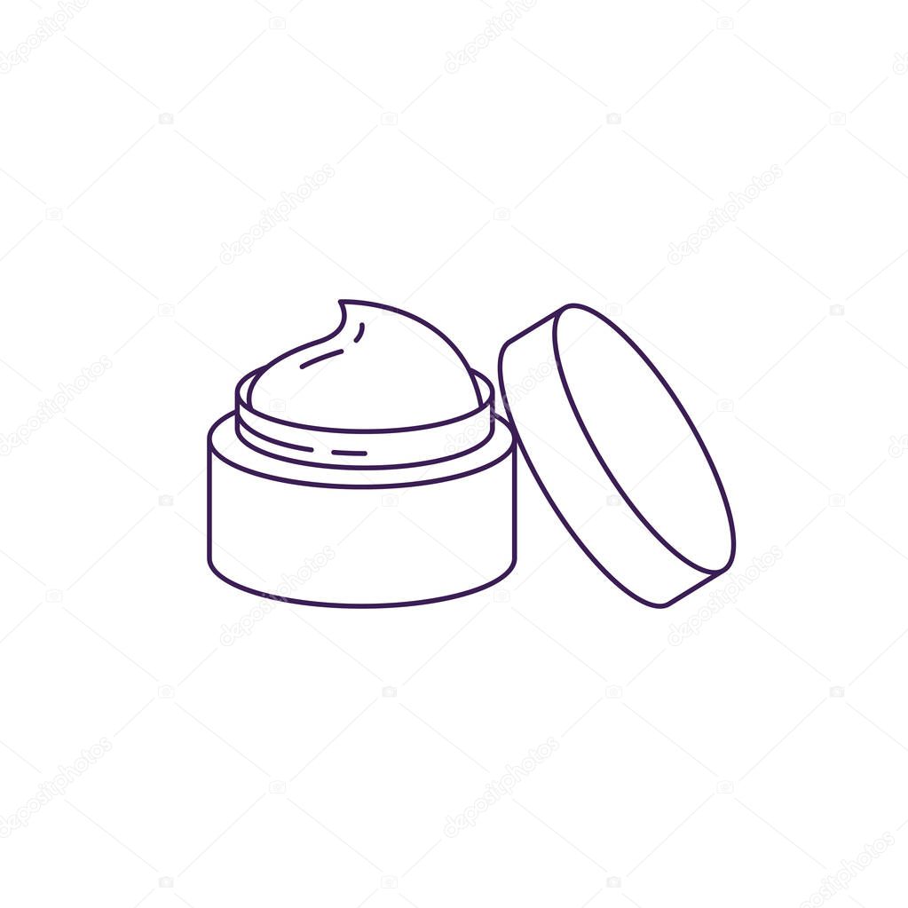 Cream bottle with open lid vector line icon.