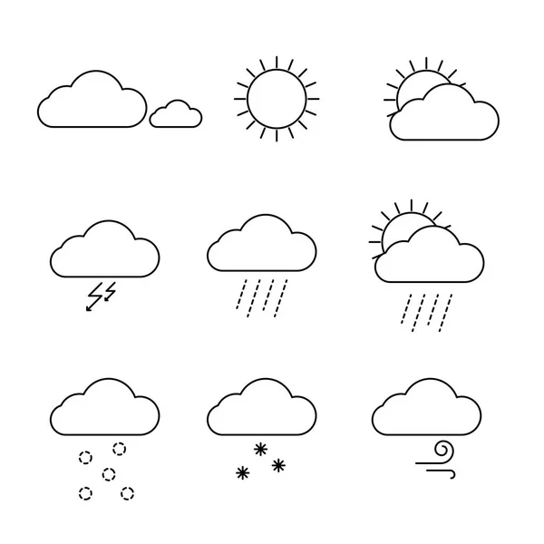 Időjárás ikonok meg vektor. Körvonalas felhők, napsütés és esőjelek. — Stock Vector