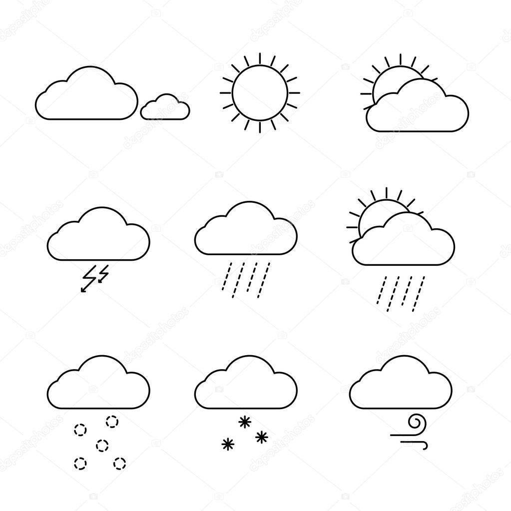 Weather icons set vector. Outline clouds, sun and rain symbols.