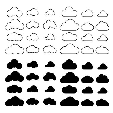 Bulutlar simgeleri vektör ayarlayın. Bulut sembollerini dolgu ile anahat.