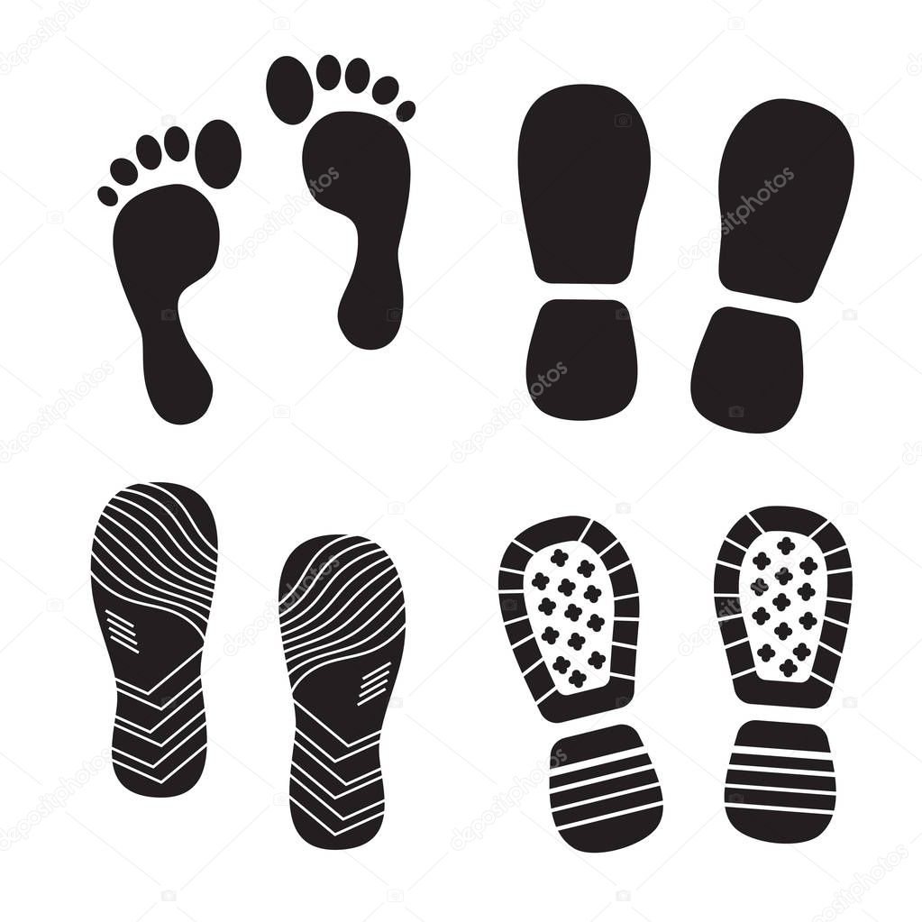 Footprint silhouettes vector icon. Boots and sneakers step marks.