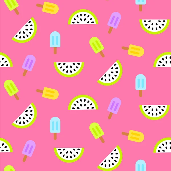 Ice cream popsicles and watermelon slices seamless pattern background — Stock Vector