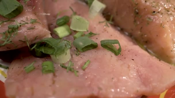 Lightly salted trout with green onions and dill — Stock Video