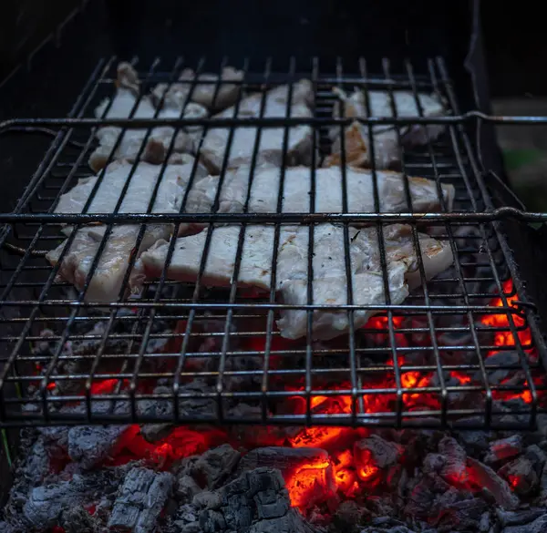 Vlees koken op de grill met open vuur en kolen — Stockfoto
