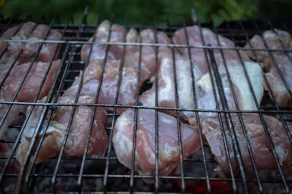 Meat cooking on the grill with open fire and coals — Stock Photo, Image