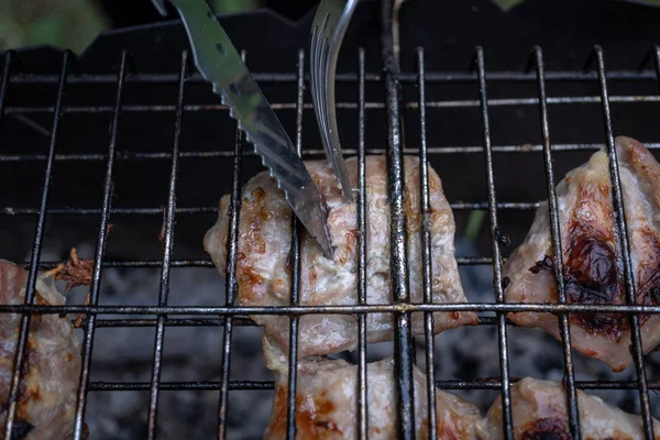 Açık ateş ve kömürler ile ızgara üzerinde et pişirme — Stok fotoğraf