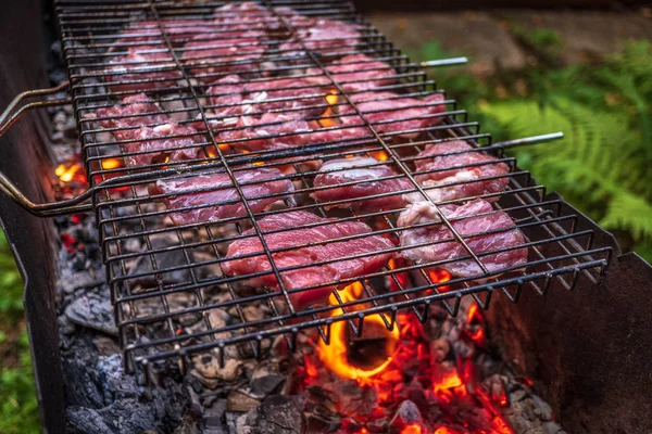 Meat cooking on the grill with open fire and coals — Stock Photo, Image