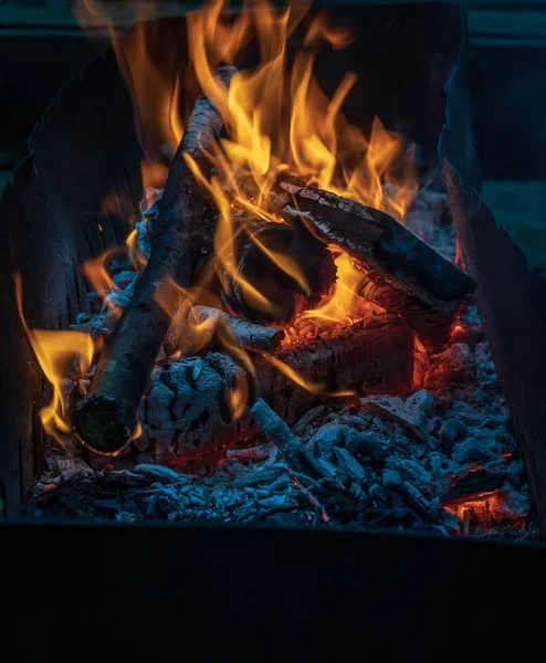 Barbekü, yakacak odun yangında yanan — Stok fotoğraf