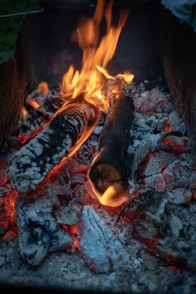 Barbekü, yakacak odun yangında yanan — Stok fotoğraf