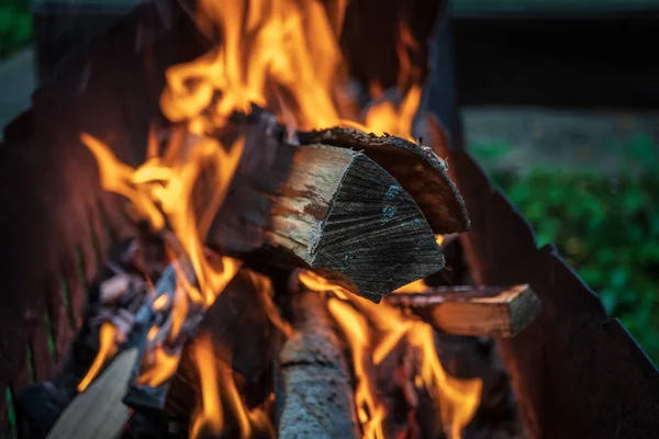 Barbekü, yakacak odun yangında yanan — Stok fotoğraf