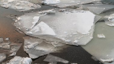 günbatımı gökyüzü yansıması ile bir kış nehir üzerinde kırık buz