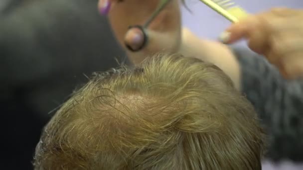 A young man cuts hair in a barber shop. Close up — Stock Video