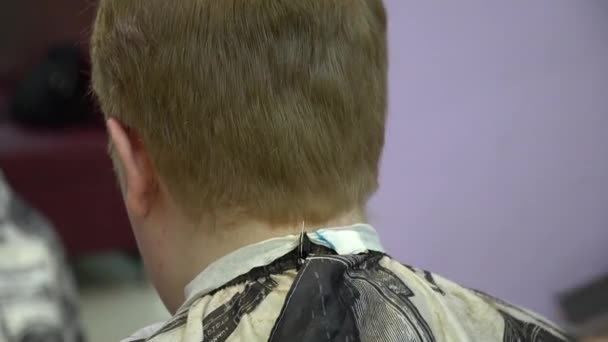 Un jeune homme coupe des cheveux dans un salon de coiffure. Gros plan — Video