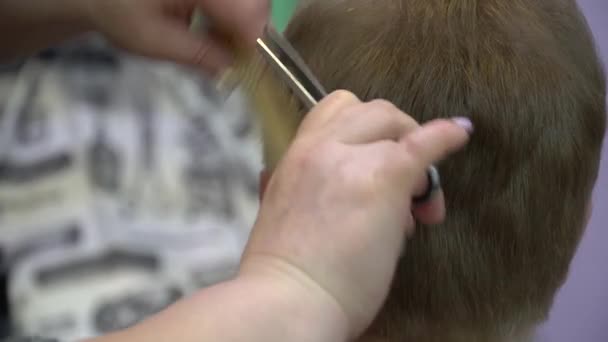 Um jovem corta cabelo numa barbearia. Fechar — Vídeo de Stock