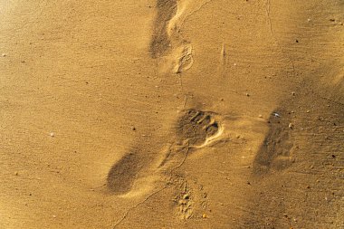 Bir adamın ayak izleri ile sahilde kum
