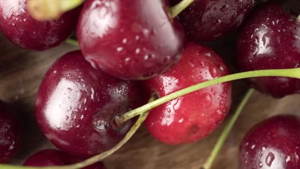 Fresh Ripe Sweet Cherry Water Drops Close — Stock Video