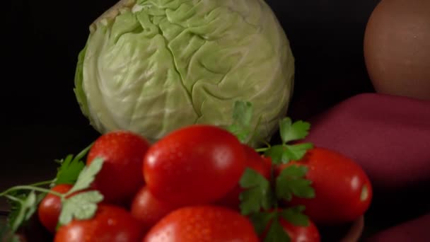 Still Life Vegetables Clay Jug Cabbage Tomatoes Carrots Parsley — Stock Video