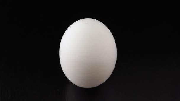 Huevo de gallina blanco de cerca sobre fondo negro — Vídeos de Stock