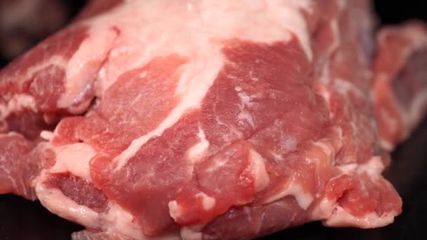 Trozo Carne Cerdo Para Filete Sobre Fondo Negro — Vídeos de Stock