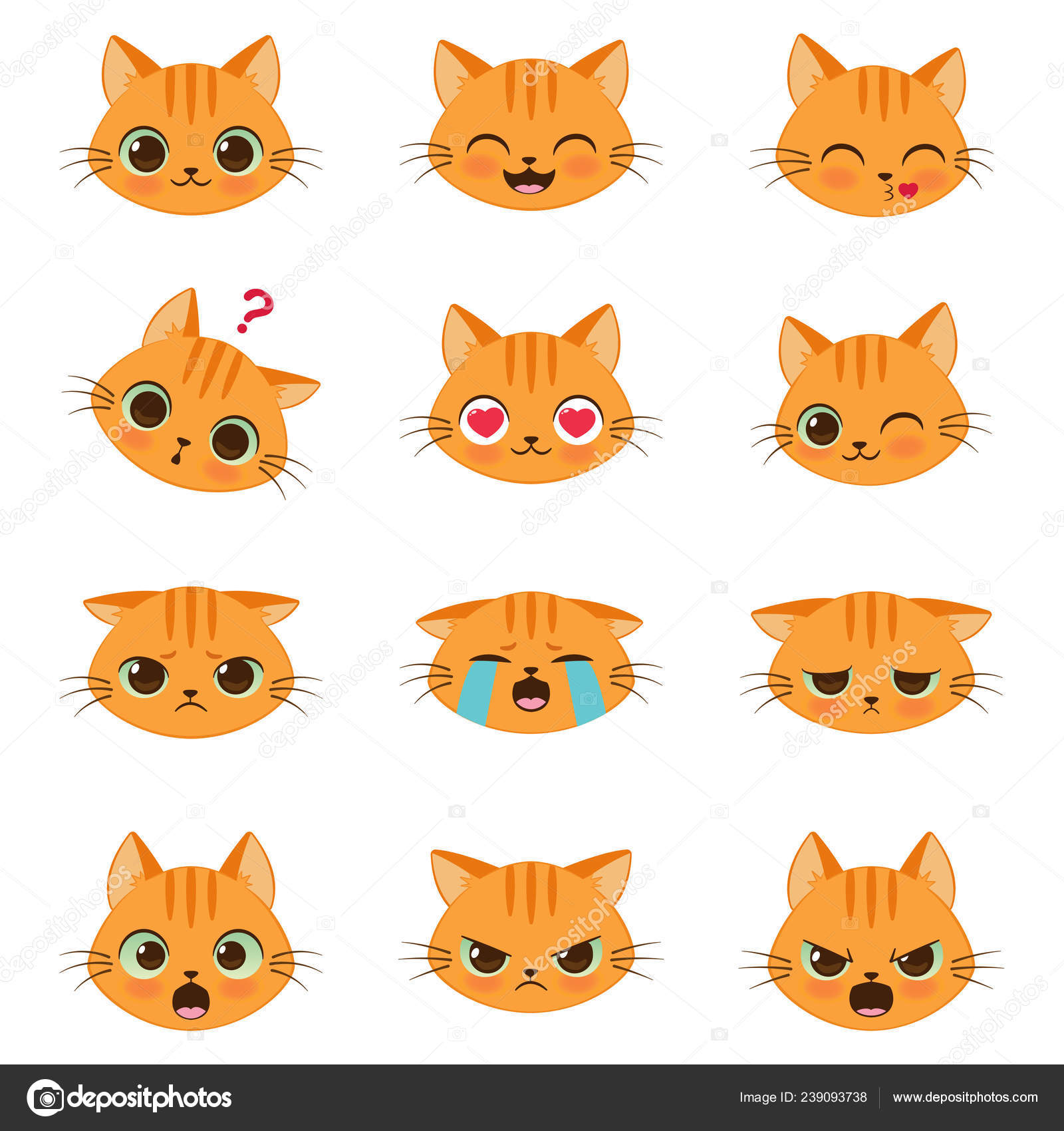Image vectorielle Ensemble d'émotions mignon chat dessin animé par  ©yuliya_m - 239093738, image size:1600x1700