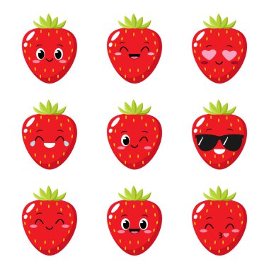Strawberry character with funny face. Happy cute cartoon strawberry emoji set. Funny fruit emoticon. Healthy vegetarian food character vector illustration