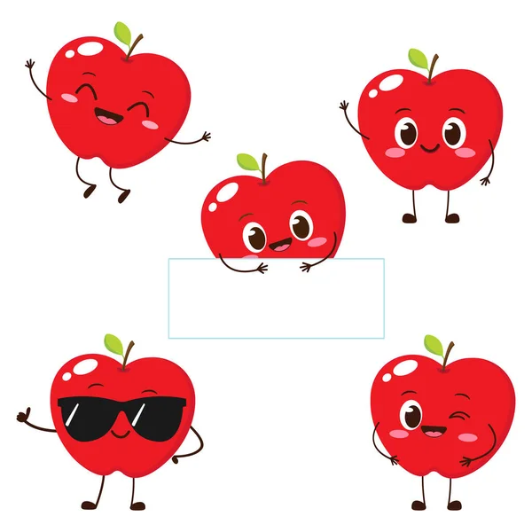 Apple Character Funny Face Happy Cute Cartoon Apple Emoji Set — ストックベクタ