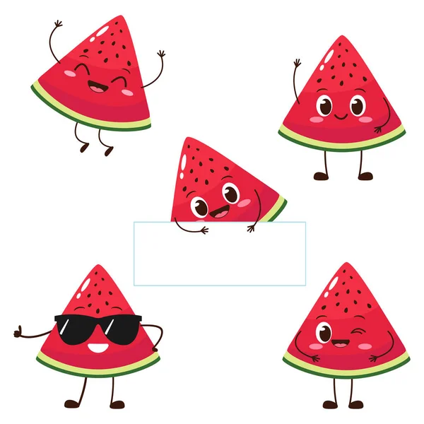 Watermelon Slice Character Funny Face Happy Cute Cartoon Watermelon Emoji — ストックベクタ