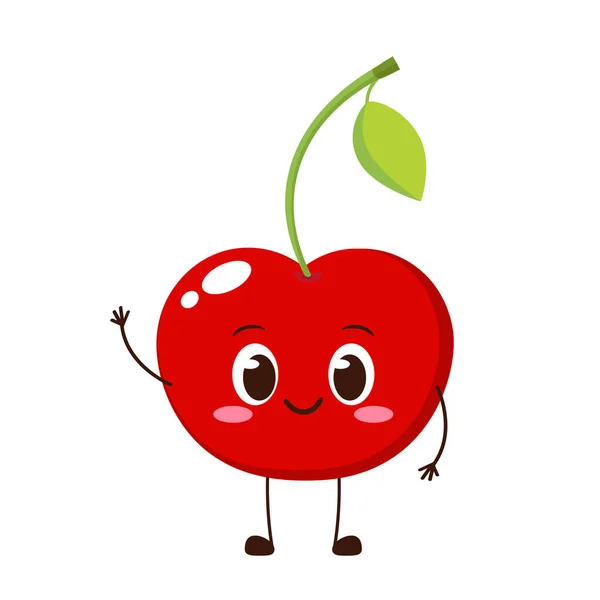 Sevimli Kırmızı Kiraz Karakteri Düz Stil Ile Komik Meyve Simgesi — Stok Vektör