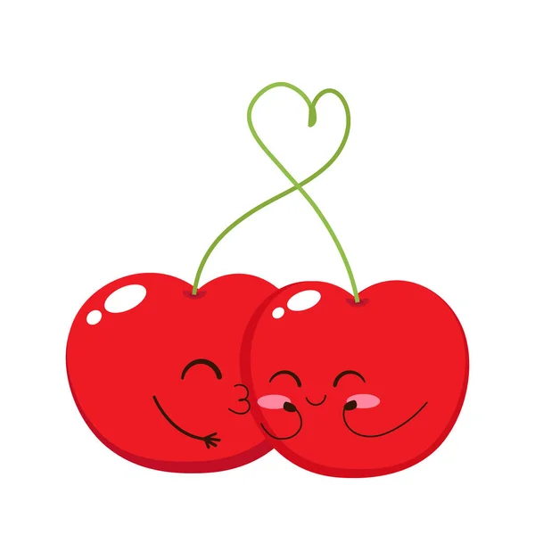 Deux Jolies Cerises Baiser Cerise Rouge Valentines Carte Jour Amour — Image vectorielle