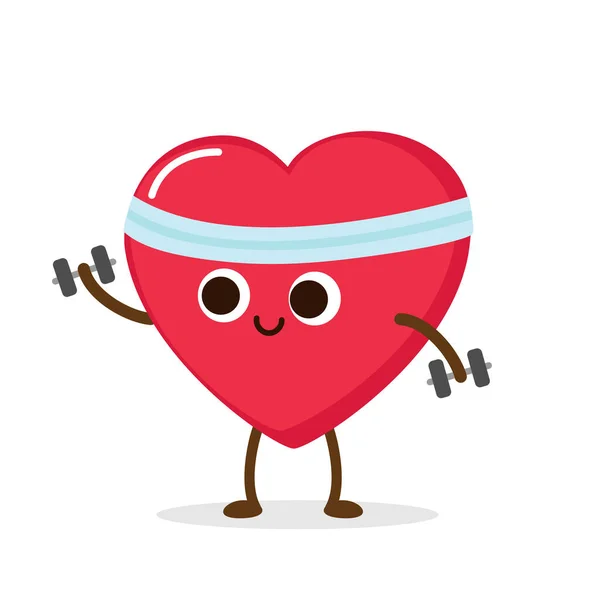 Cartoon Cuore Rosso Con Manubri Sollevamento Pesi Esercizio Cardio Attività — Vettoriale Stock