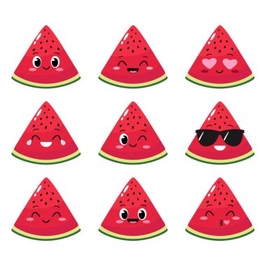 Komik suratlı karpuz dilimi karakteri. Mutlu karpuz emoji setleri. Komik meyve simgesi. Sağlıklı vejetaryen gıda karakteri çizimi