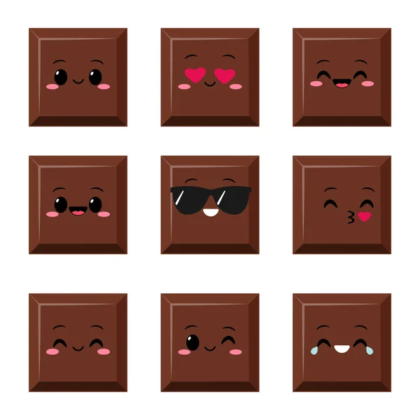 Симпатичні Персонажі Шоколадних Шматочків Смішним Обличчям Щасливий Темний Або Молочний — стоковий вектор