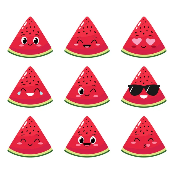 西瓜片的特征与滑稽的脸 快乐可爱的卡通片西瓜莫吉集 有趣的水果情绪 健康素食特征矢量图解 — 图库矢量图片