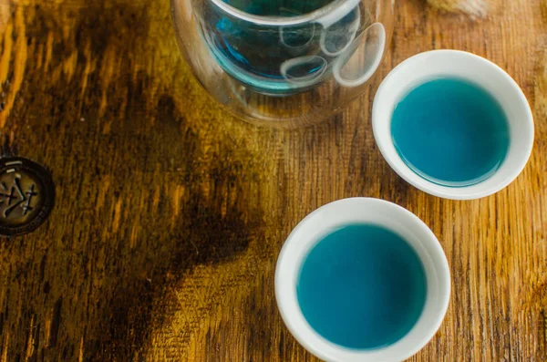 Organic Blue Tea Anchan Teapot Cups — Stock Photo, Image