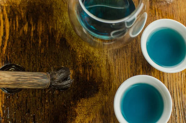 Organic Blue Tea Anchan Teapot Cups — Stock Photo, Image