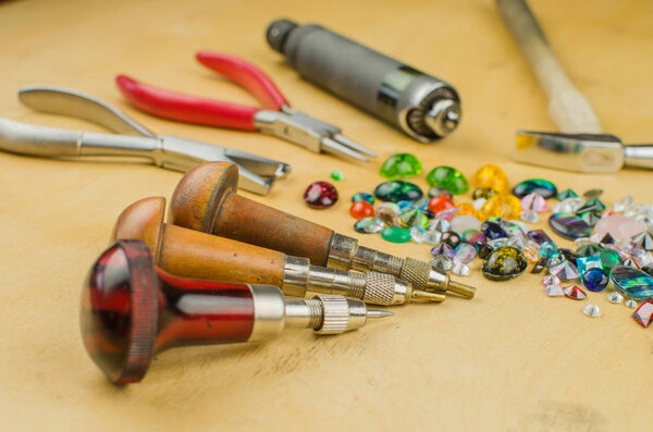 Tools set of jewellery. Jewelry workplace on metal background with copy space for text. Top view.