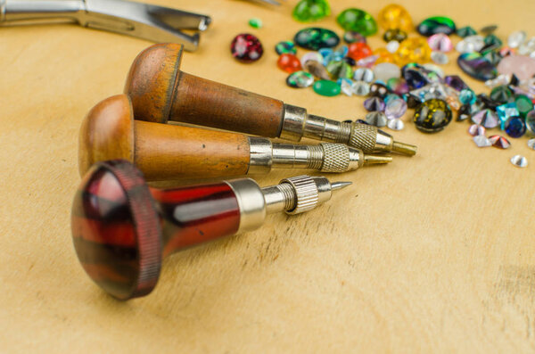 Tools set of jewellery. Jewelry workplace on metal background with copy space for text. Top view.