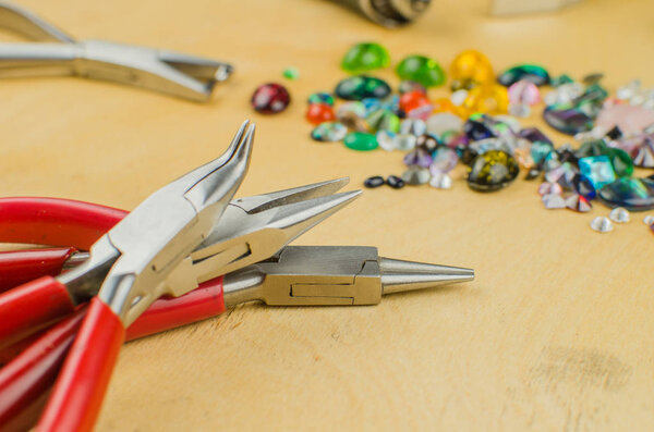 Tools set of jewellery. Jewelry workplace on metal background with copy space for text. Top view.