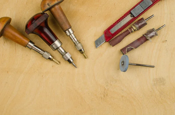 Tools set of jewellery. Jewelry workplace on metal background with copy space for text. Top view. — Stock Photo, Image