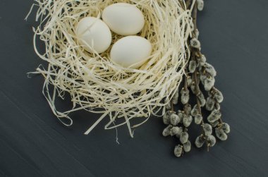 Saman üzerinde üstten görünüm taze yumurta beyazı. Tavuk yumurta yuvada