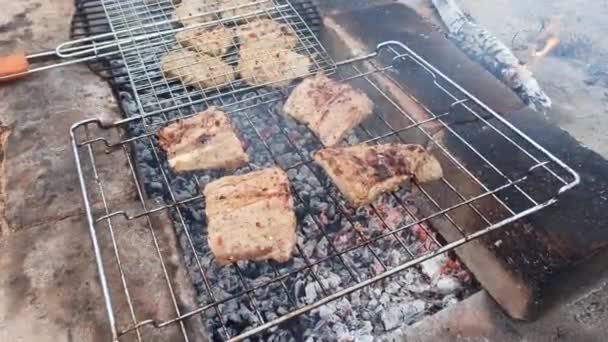 Vaření žebra a maso na pikniku, daleko od domova. — Stock video