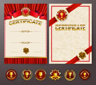 Diploma dantel süs, şerit, mum mühür, perdelik kumaş, rozetleri, metin için yer zarif şablonları kümesi. Sertifika başarı, eğitim, ödüller, kazanan. Vektör çizim Eps 10.