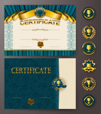 Diploma dantel süs, şerit, mum mühür, perdelik kumaş, rozetleri, metin için yer zarif şablonları kümesi. Sertifika başarı, eğitim, ödüller, kazanan. Vektör çizim Eps 10.