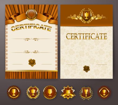 Diploma dantel süs, şerit, mum mühür, perdelik kumaş, rozetleri, metin için yer zarif şablonları kümesi. Sertifika başarı, eğitim, ödüller, kazanan. Vektör çizim Eps 10.