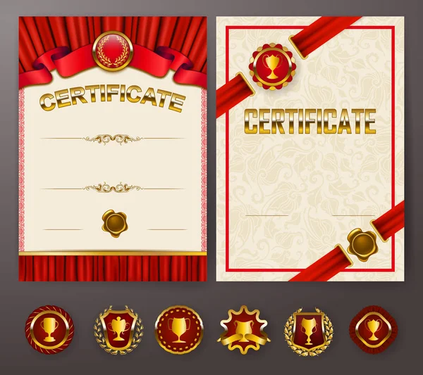 Diploma dantel süs, şerit, mum mühür, perdelik kumaş, rozetleri, metin için yer zarif şablonları kümesi. Sertifika başarı, eğitim, ödüller, kazanan. Vektör çizim Eps 10.