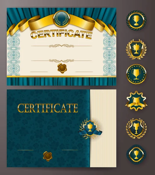 Diploma dantel süs, şerit, mum mühür, perdelik kumaş, rozetleri, metin için yer zarif şablonları kümesi. Sertifika başarı, eğitim, ödüller, kazanan. Vektör çizim Eps 10.