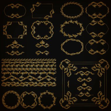 Altın dekoratif çizilmiş çiçek öğeleri kümesi