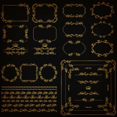 Altın dekoratif çizilmiş çiçek öğeleri kümesi