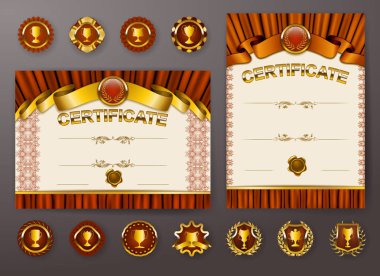 Diploma dantel süs, şerit, mum mühür, perdelik kumaş, rozetleri, metin için yer zarif şablonları kümesi. Sertifika başarı, eğitim, ödüller, kazanan. Vektör çizim Eps 10.
