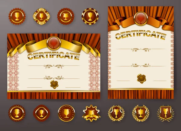 Diploma dantel süs, şerit, mum mühür, perdelik kumaş, rozetleri, metin için yer zarif şablonları kümesi. Sertifika başarı, eğitim, ödüller, kazanan. Vektör çizim Eps 10.